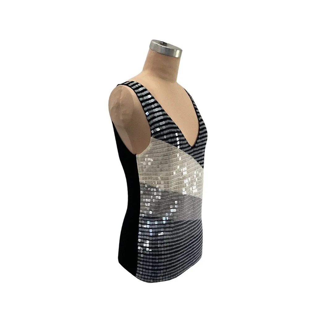 Armani Exchange Sequin Knit Tank Top Black Silver V Neck Party Cocktail Size‎ M